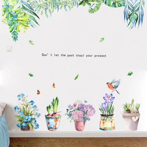Watercolor Potted Plant Flower Wall Stickers Removable PVC Decal With Green Leaves Bird Butterfly Quote For Home Decor