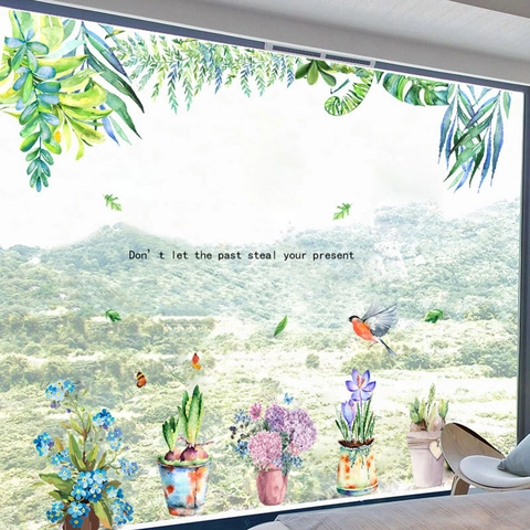 Watercolor Potted Plant Flower Wall Stickers Removable PVC Decal With Green Leaves Bird Butterfly Quote For Home Decor