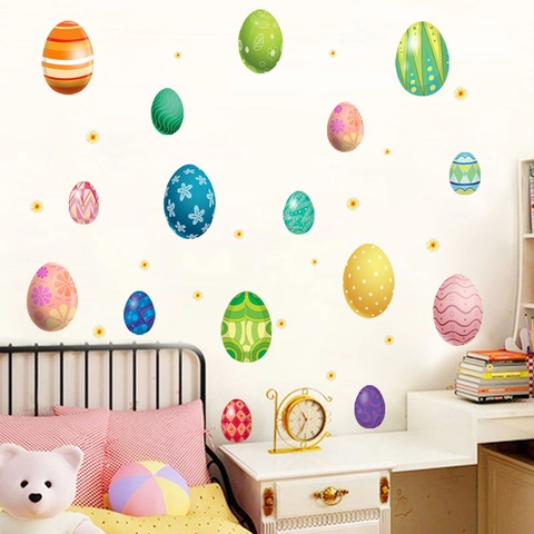 Easter Colorful Cartoon Egg Wall Stickers PVC Removable DIY Flower Decals For Kids Room Kindergarten Nursery Home Decor Party Background