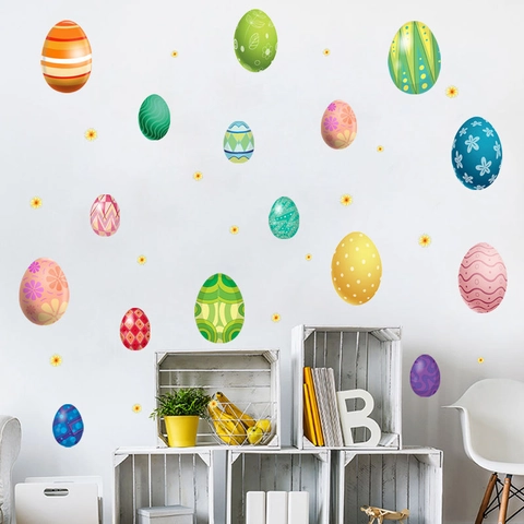 Easter Colorful Cartoon Egg Wall Stickers PVC Removable DIY Flower Decals For Kids Room Kindergarten Nursery Home Decor Party Background