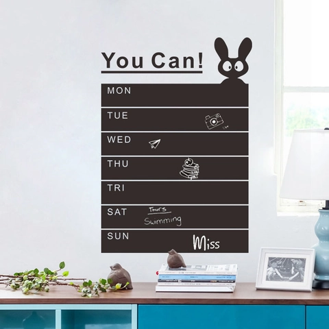 Sticker Mural Tableau Noir Planificateur Hebdomadaire en PVC Noir Motivante You Can Décalcomanie Lapin pour Bureau Maison