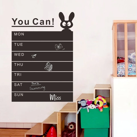 Sticker Mural Tableau Noir Planificateur Hebdomadaire en PVC Noir Motivante You Can Décalcomanie Lapin pour Bureau Maison