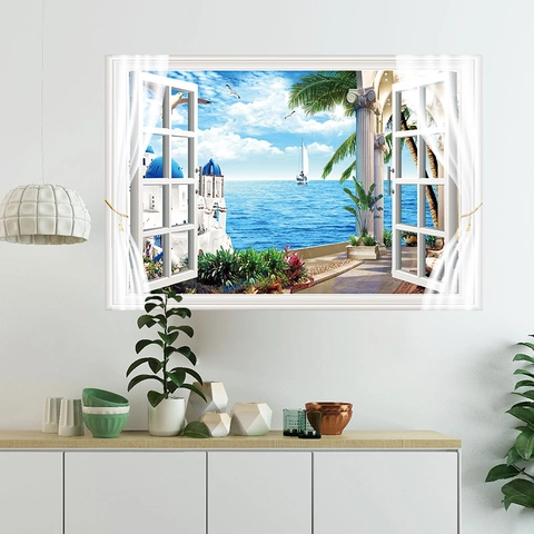 3D Falsches Fenster Wandtattoo Mediterraner Santorini Meerblick PVC Abnehmbare Landschaft Wandbild Für Zuhause Wohnzimmer Schlafzimmer Dekoration