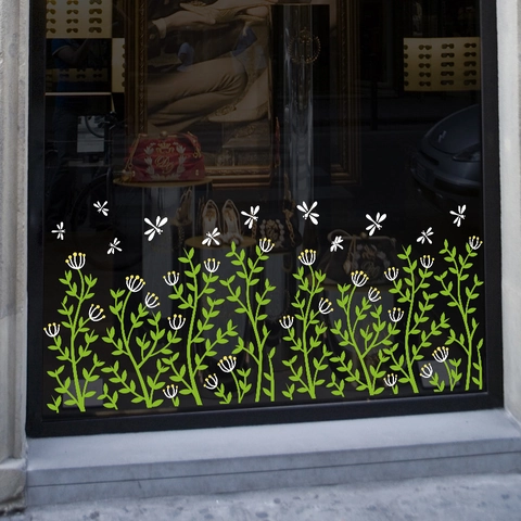 Green Grass Baseboard Wall Sticker PVC Waterproof Removable Window Decal With White Dragonfly Flower For Shop Home Decor