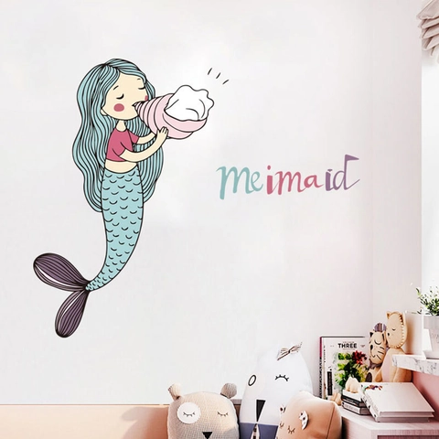 Cartoon Mermaid Blowing Conch Wall Sticker Removable PVC Decorative Art Decal For Kids Girls Bedroom Nursery Decor Colorful Letter Mural