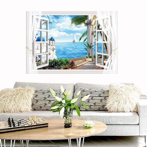 3D Falsches Fenster Wandtattoo Mediterraner Santorini Meerblick PVC Abnehmbare Landschaft Wandbild Für Zuhause Wohnzimmer Schlafzimmer Dekoration