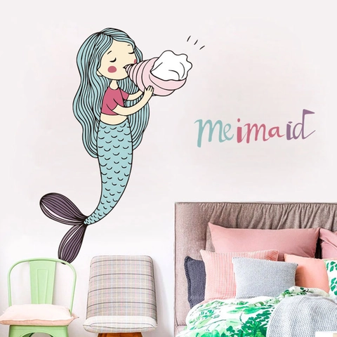Cartoon Mermaid Blowing Conch Wall Sticker Removable PVC Decorative Art Decal For Kids Girls Bedroom Nursery Decor Colorful Letter Mural
