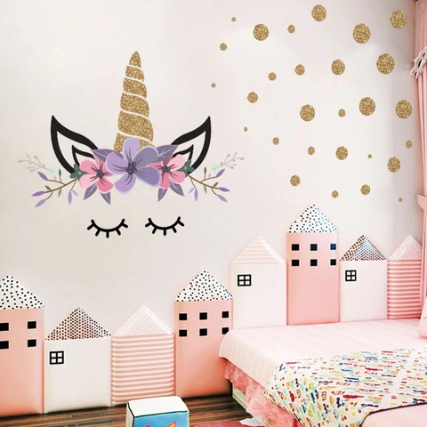 Sognanti Adesivi da Parete Unicorno Glitter Oro DIY Fiori Ciglia Pois PVC Decalcomanie per Cameretta Bambini Camera da Letto Decor