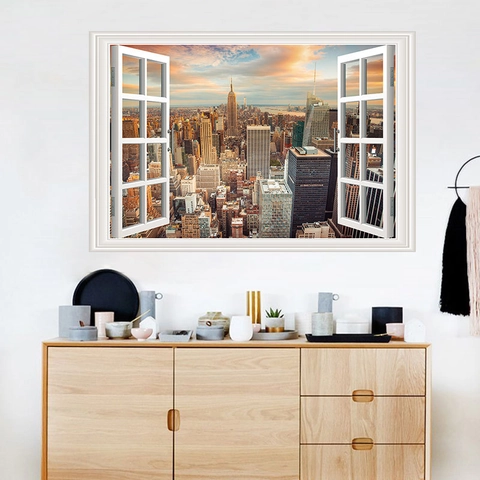 3D Fake Window Wall Sticker Sunset NYC Cityscape Landscape View PVC Removable Wall Decal For Bedroom Living Room Home Decor