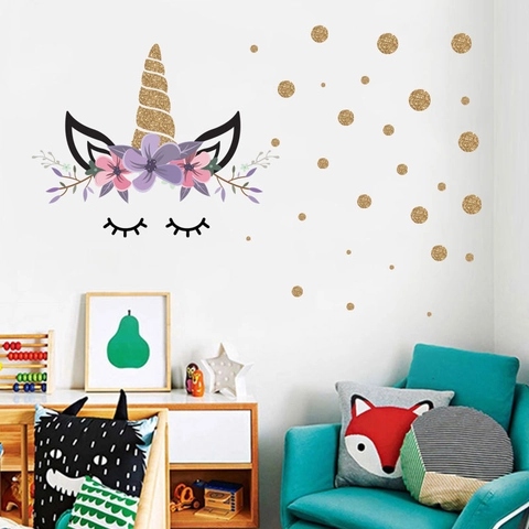 Sognanti Adesivi da Parete Unicorno Glitter Oro DIY Fiori Ciglia Pois PVC Decalcomanie per Cameretta Bambini Camera da Letto Decor