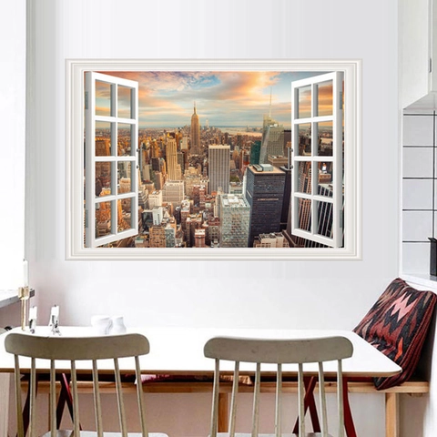 3D Fake Window Wall Sticker Sunset NYC Cityscape Landscape View PVC Removable Wall Decal For Bedroom Living Room Home Decor