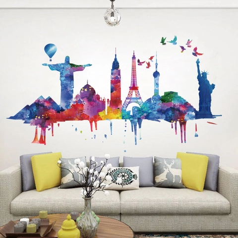 Aquarell Weltwahrzeichen Wandsticker Farbenfrohe Spritzer Architektur PVC Abnehmbare Aufkleber Künstlerische Skyline Haus Büro Dekor