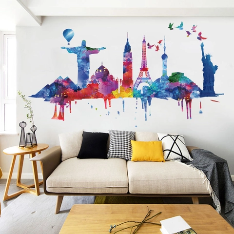 Aquarell Weltwahrzeichen Wandsticker Farbenfrohe Spritzer Architektur PVC Abnehmbare Aufkleber Künstlerische Skyline Haus Büro Dekor