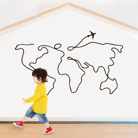 Minimalist World Map Wall Sticker Modern Black Line Travel Theme Airplane Silhouette PVC Decal For Kids Room Home Decor