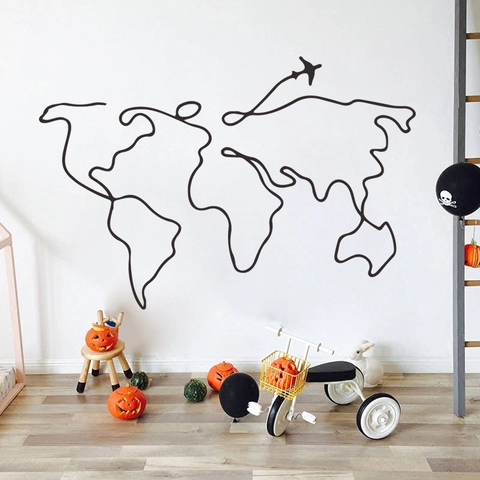 Minimalist World Map Wall Sticker Modern Black Line Travel Theme Airplane Silhouette PVC Decal For Kids Room Home Decor