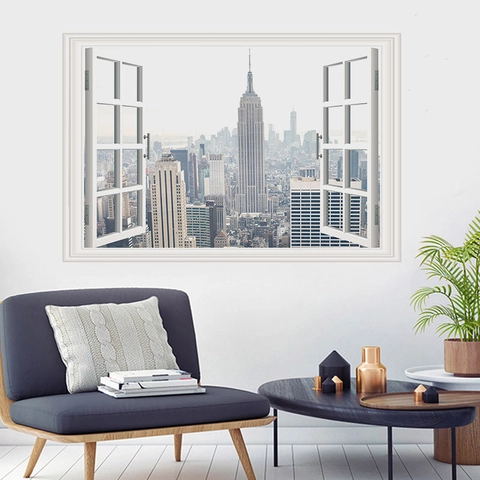 3D Fake Window Wall Sticker New York City Skyline Empire State Building PVC Removable Wall Mural Decor For Home Living Room