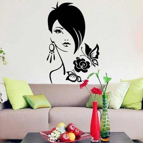 Fashion Woman Silhouette Butterfly Flower Wall Sticker PVC Minimalist Artistic Decal For Bedroom Living Room Home Decor