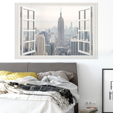 3D Fake Window Wall Sticker New York City Skyline Empire State Building PVC Removable Wall Mural Decor For Home Living Room