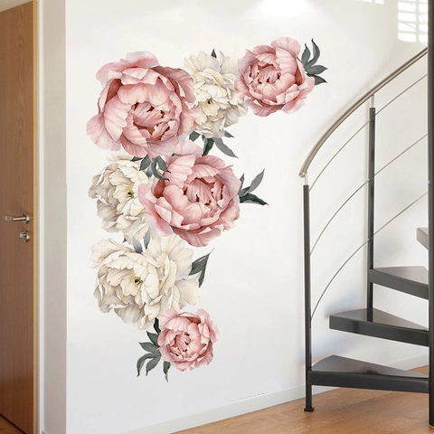 Grandi Adesivi da Parete con Fiori di Peonia Rosa Bianco Stile Acquerello PVC Autoadesivo Murale Removibile per Soggiorno