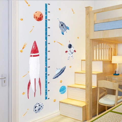 Space Rocket Astronaut Height Chart Wall Sticker Removable PVC Cartoon Planets Growth Chart For Kids Room Nursery Home Decor
