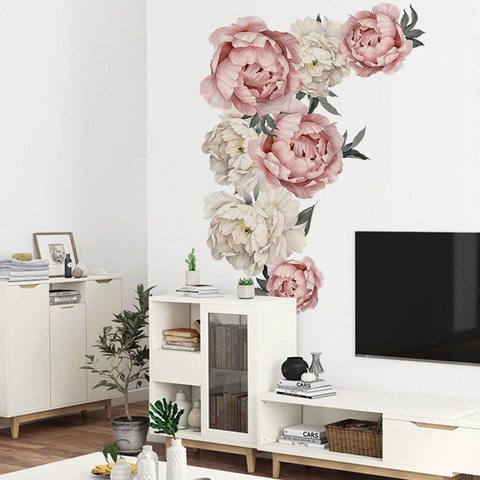 Grandi Adesivi da Parete con Fiori di Peonia Rosa Bianco Stile Acquerello PVC Autoadesivo Murale Removibile per Soggiorno