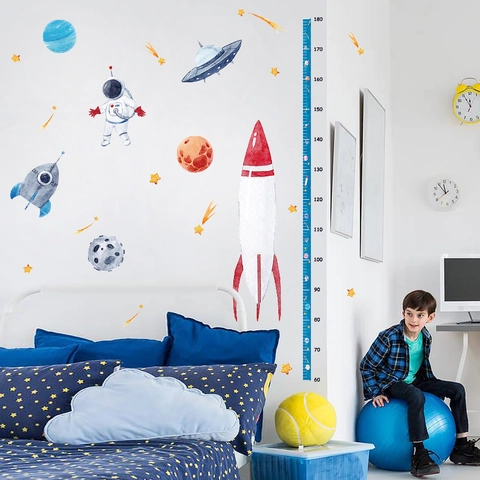 Space Rocket Astronaut Height Chart Wall Sticker Removable PVC Cartoon Planets Growth Chart For Kids Room Nursery Home Decor