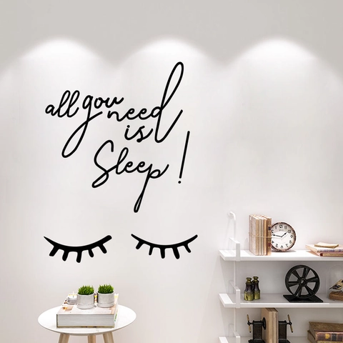 Adesivo da Parete Minimalista Citazione All You Need Is Sleep Con Ciglia Decalcomania in PVC Removibile Per Camera Da Letto
