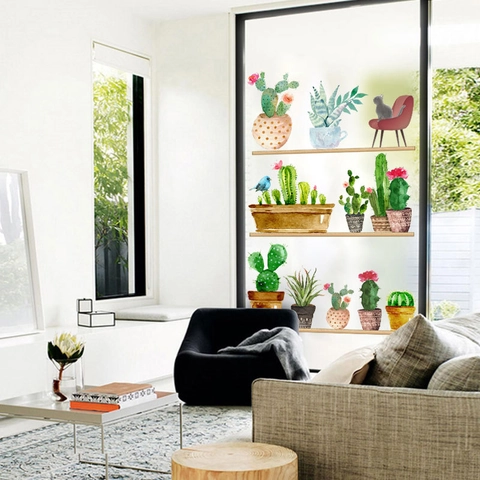 Pegatina de Pared Estante de Plantas Suculentas Cactus Acuarela PVC Extraíble Decoración de Plantas Verdes Para Sala