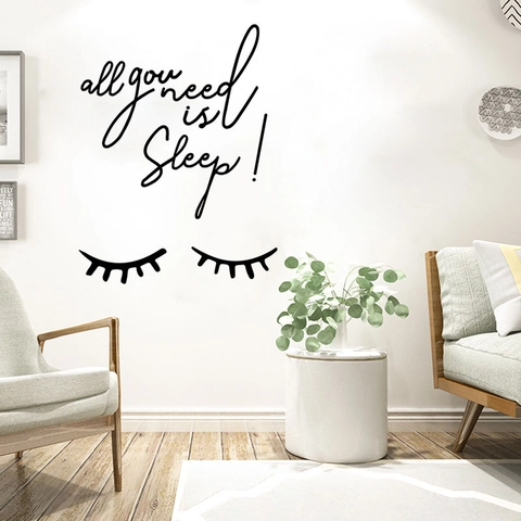 Adesivo da Parete Minimalista Citazione All You Need Is Sleep Con Ciglia Decalcomania in PVC Removibile Per Camera Da Letto