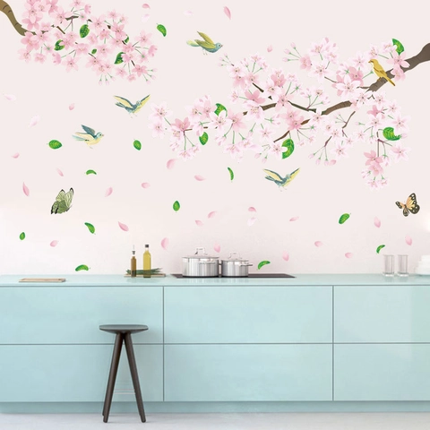 Romantische Rosa Kirschblüte Zweig Wandaufkleber PVC Blume Vogel Schmetterling Abnehmbare Wandtattoos Für Wohnzimmer Schlafzimmer Home Decor