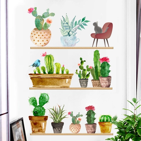 Pegatina de Pared Estante de Plantas Suculentas Cactus Acuarela PVC Extraíble Decoración de Plantas Verdes Para Sala