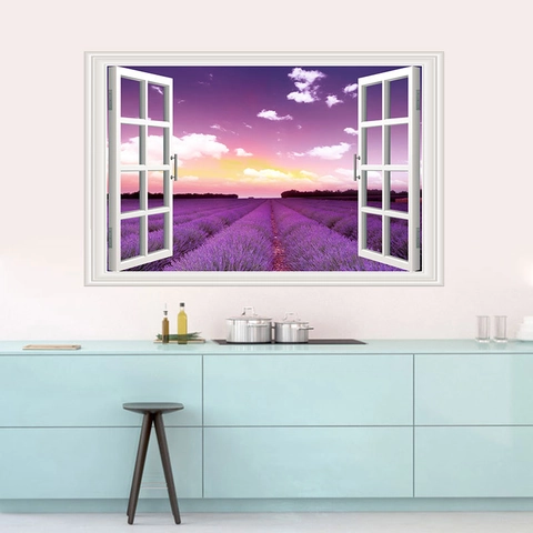 3D Fensteransicht Wandaufkleber Lila Lavendel Feld Sonnenuntergang Landschaft PVC Abnehmbare Home Decor Wandtattoo Für Wohnzimmer