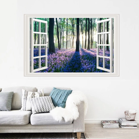 3D Fake Window View Wall Sticker Forest Lavender Bluebell Landscape PVC Removable Wall Decal For Living Room Home Decor
