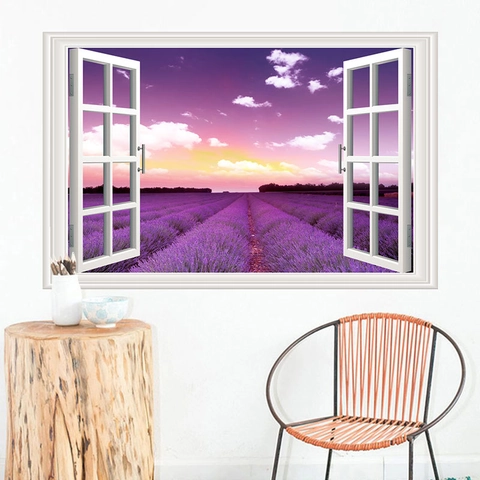 3D Fensteransicht Wandaufkleber Lila Lavendel Feld Sonnenuntergang Landschaft PVC Abnehmbare Home Decor Wandtattoo Für Wohnzimmer