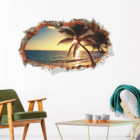 Pegatina de Pared 3D Pared Rota Playa Atardecer Paisaje Palmera Tropical PVC Removible Arte Calcomanía Para Sala Decoración