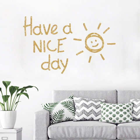 Adesivo da Parete Glitter Oro Have A Nice Day Sole Faccina Sorridente Rimovibile PVC Decalcomania per Soggiorno Camera da Letto Ufficio