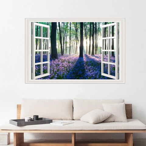 3D Fake Window View Wall Sticker Forest Lavender Bluebell Landscape PVC Removable Wall Decal For Living Room Home Decor