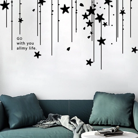 PVC Self-Adhesive Wall Sticker Black Stars Hanging Garland Quote Go With You All My Life Kids Room Bedroom Home Decor