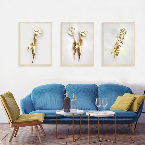 Pegatinas de Pared de Flores Doradas con Efecto 3D Estilo Nórdico Juego de 3 Moderno Minimalista PVC Autoadhesivo para Hogar