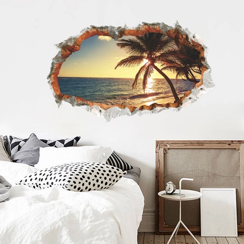 Pegatina de Pared 3D Pared Rota Playa Atardecer Paisaje Palmera Tropical PVC Removible Arte Calcomanía Para Sala Decoración