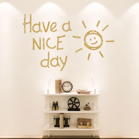 Adesivo da Parete Glitter Oro Have A Nice Day Sole Faccina Sorridente Rimovibile PVC Decalcomania per Soggiorno Camera da Letto Ufficio