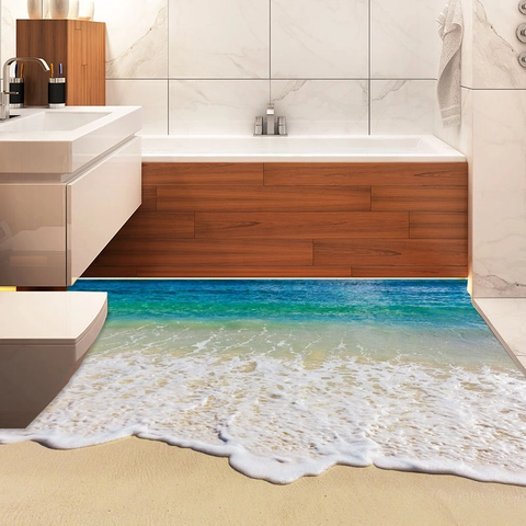 Vinilo 3D De Pared Suelo Ola Playa Océano PVC Impermeable Autoadhesivo Decoración Para Baño Cocina Sala De Estar