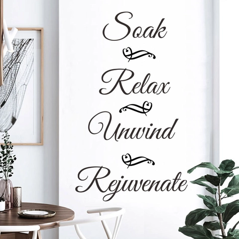 Soak Relax Unwind Rejuvenate Black Lettering Wall Decal Removable PVC Artistic Quote Sticker For Bathroom Home Decor