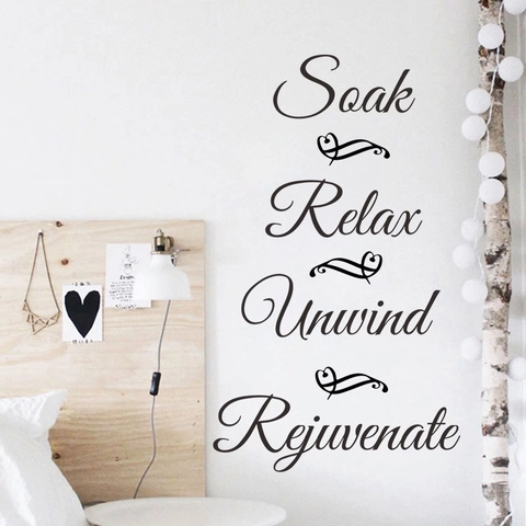 Soak Relax Unwind Rejuvenate Black Lettering Wall Decal Removable PVC Artistic Quote Sticker For Bathroom Home Decor
