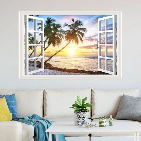 3D Fake Window Wall Sticker Beach Sunset Coconut Trees Tropical Landscape Decal For Living Room Bedroom Home Decoration