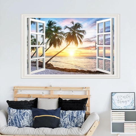 3D Fake Window Wall Sticker Beach Sunset Coconut Trees Tropical Landscape Decal For Living Room Bedroom Home Decoration