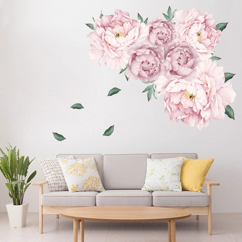 Watercolor Pink Peony Flower Wall Stickers PVC Removable Floral Decals For Living Room Bedroom Home Decor FX64098