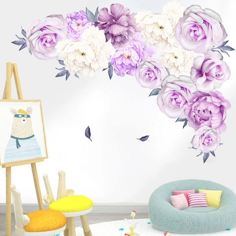 Elegant Purple White Peony Rose Wall Stickers PVC Self Adhesive Floral Wall Decals For Living Room Office Decor Art