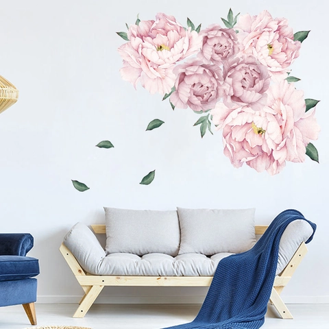 Watercolor Pink Peony Flower Wall Stickers PVC Removable Floral Decals For Living Room Bedroom Home Decor FX64098