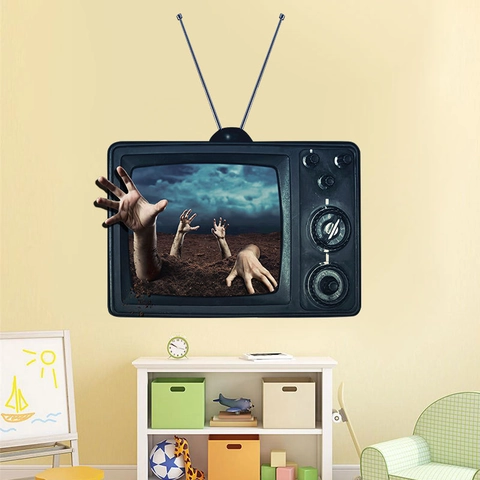 Pegatina de Pared Tridimensional Mano de Zombi Halloween Televisión Retro Mural Decorativo de Terror Calcomanía PVC Removible Fiesta